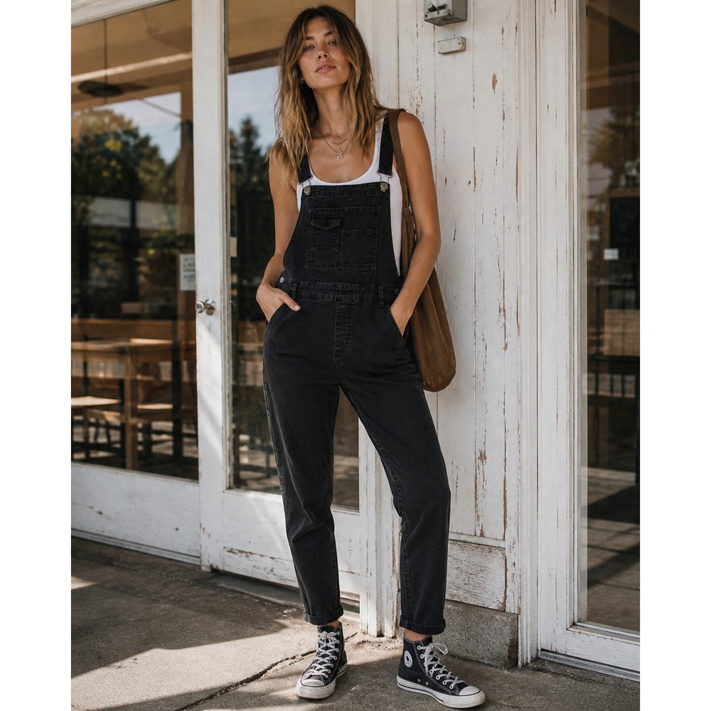 Free People Washed Black Denim Overalls One-Piece Size 28 Strappy Faded Pockets - Picture 15 of 16